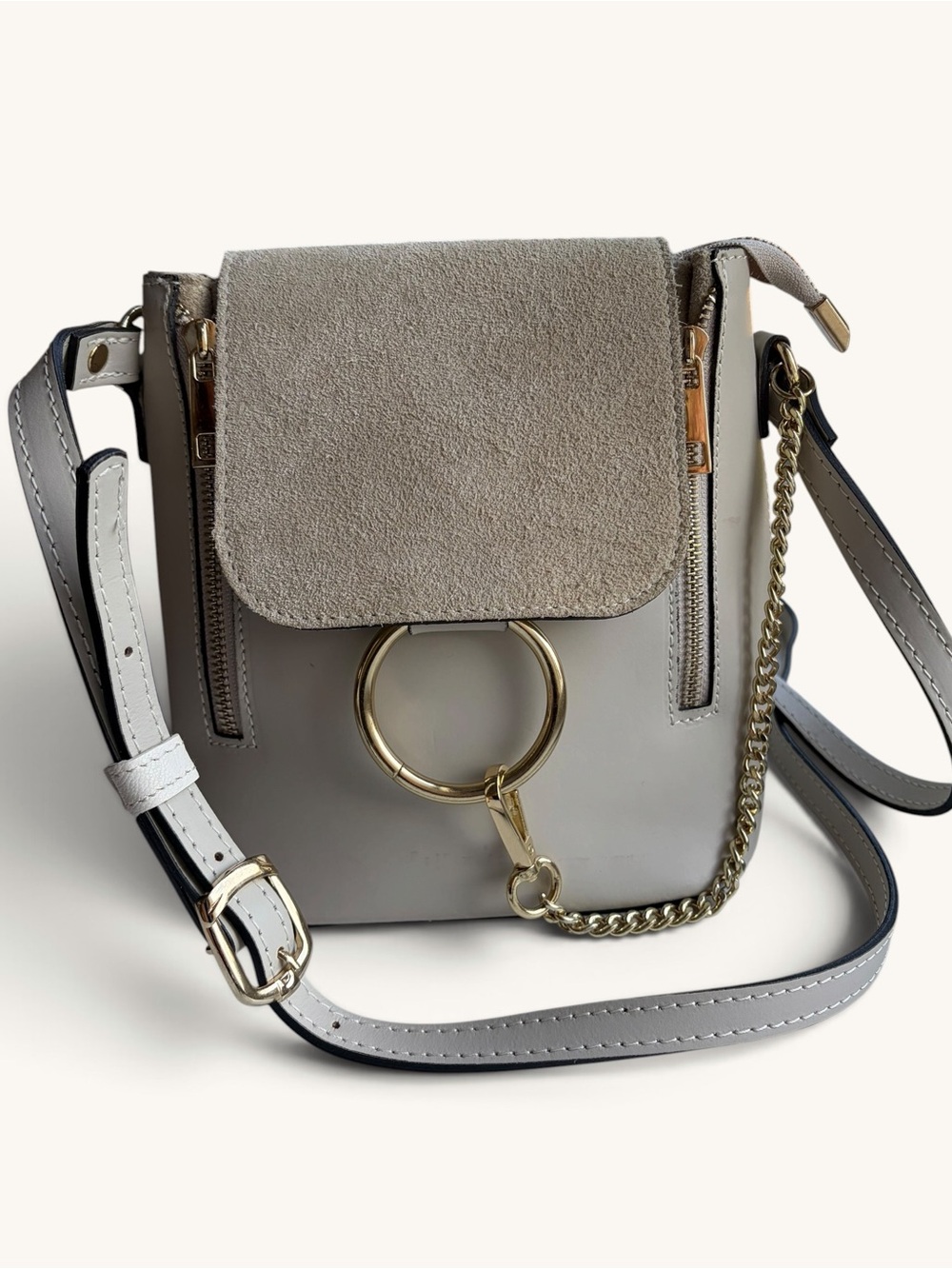 Italian Leather Cream Sand Suede-Accent Crossbody Bag with Gold Ring Detail